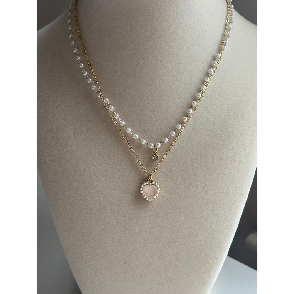 Layered Pearl Necklace Gold Heart Pendant Dainty Elegant Jewelry Gift - Picture 6 of 7